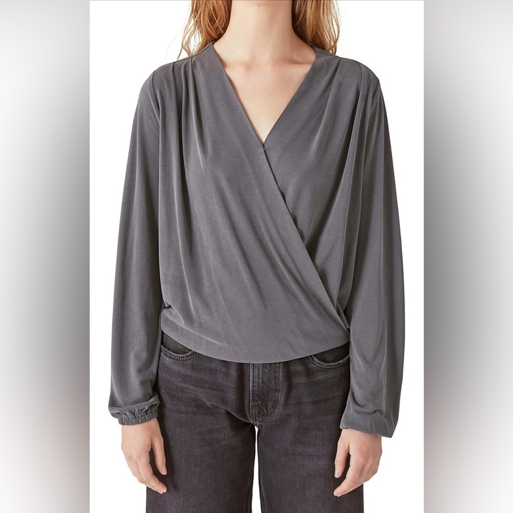 NWT- Lucky Brand Women's Long Sleeve Sandwash Wrap Top   COLOR: Asphalt